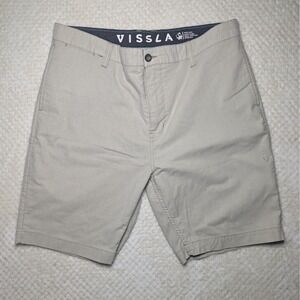 Vissla Mens Chino Shorts Tan Size 34 Stretch Poly Cotton Zip Pocket